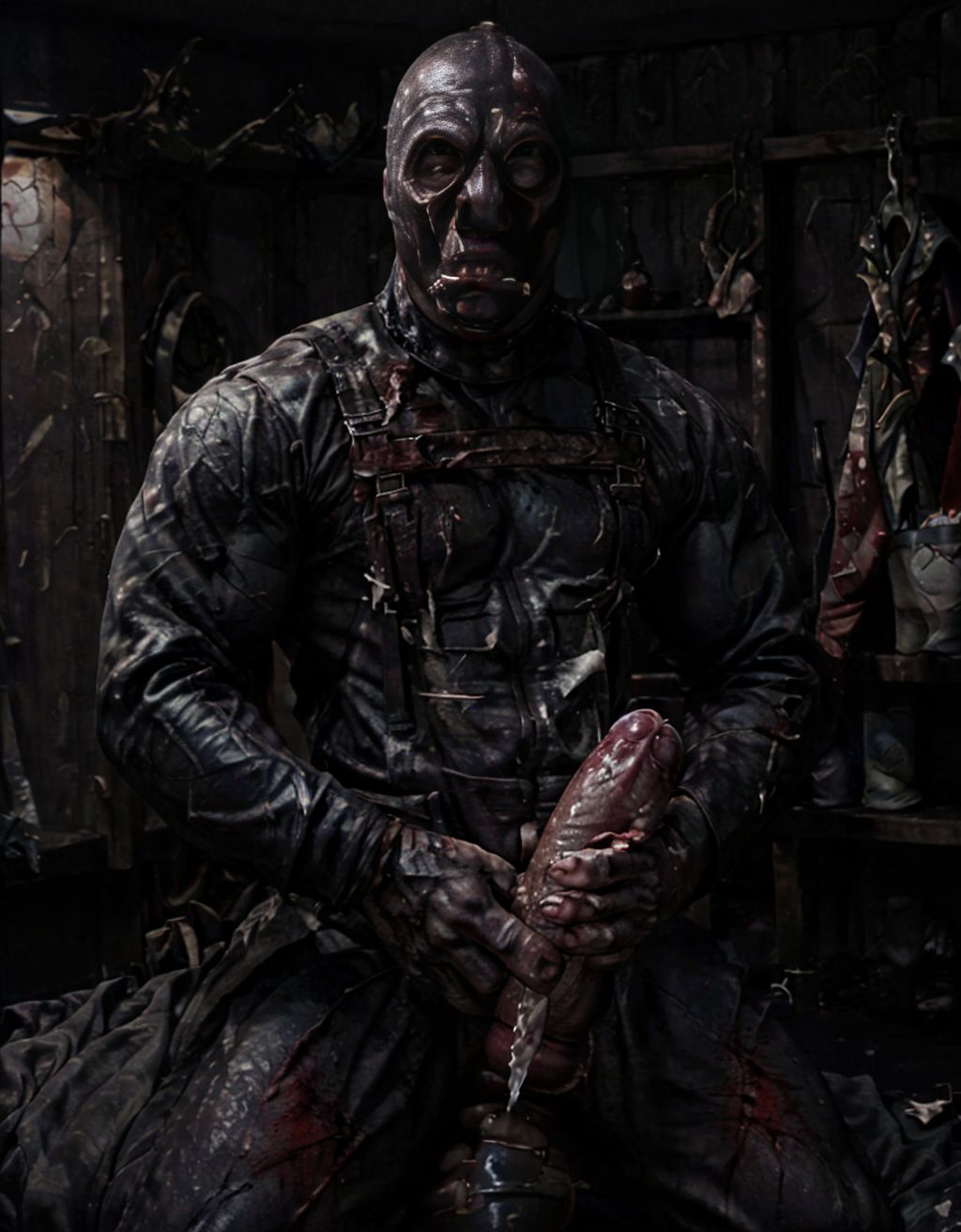 Hombre musculoso vestido de slasher, máscara de hockey ensangrentada, pene erecto visible, ropa rasgada y manchada de sangre, fondo oscuro y sombrío, iluminación tenue, atmósfera aterradora y violenta.