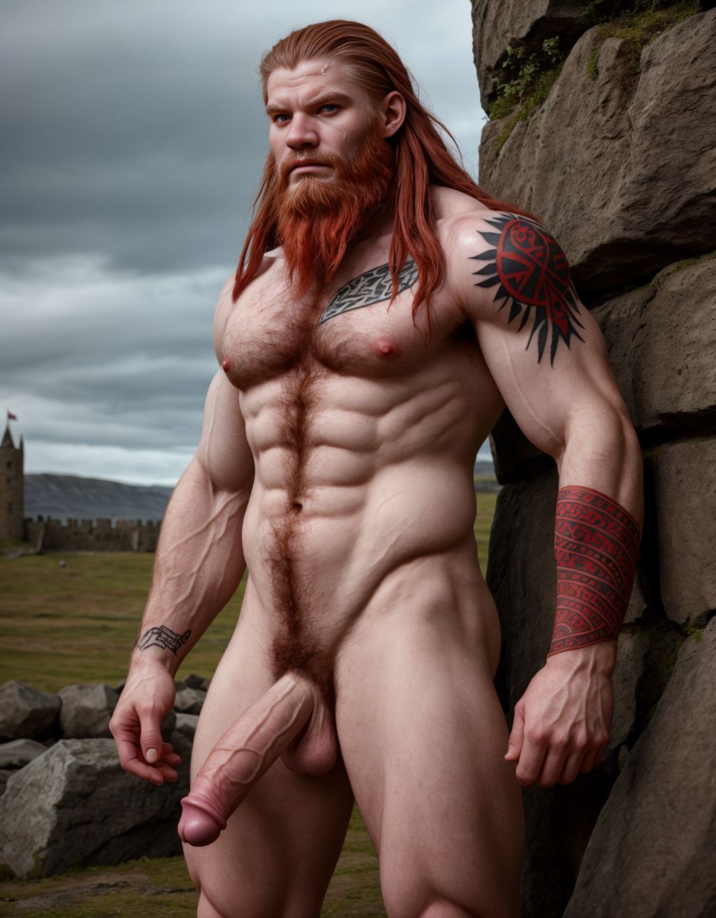 Guerrero nórdico de 20 años desnudo, de facciones hermosas, piel muy pálida, musculoso, cuerpo muy velludo, mostrando orgulloso su pene, tatuajes vikingos, barba larga, cabello rojizo, fondo de batalla medieval, armadura rota, mirada desafiante, piel sudorosa, anatomía detallada.