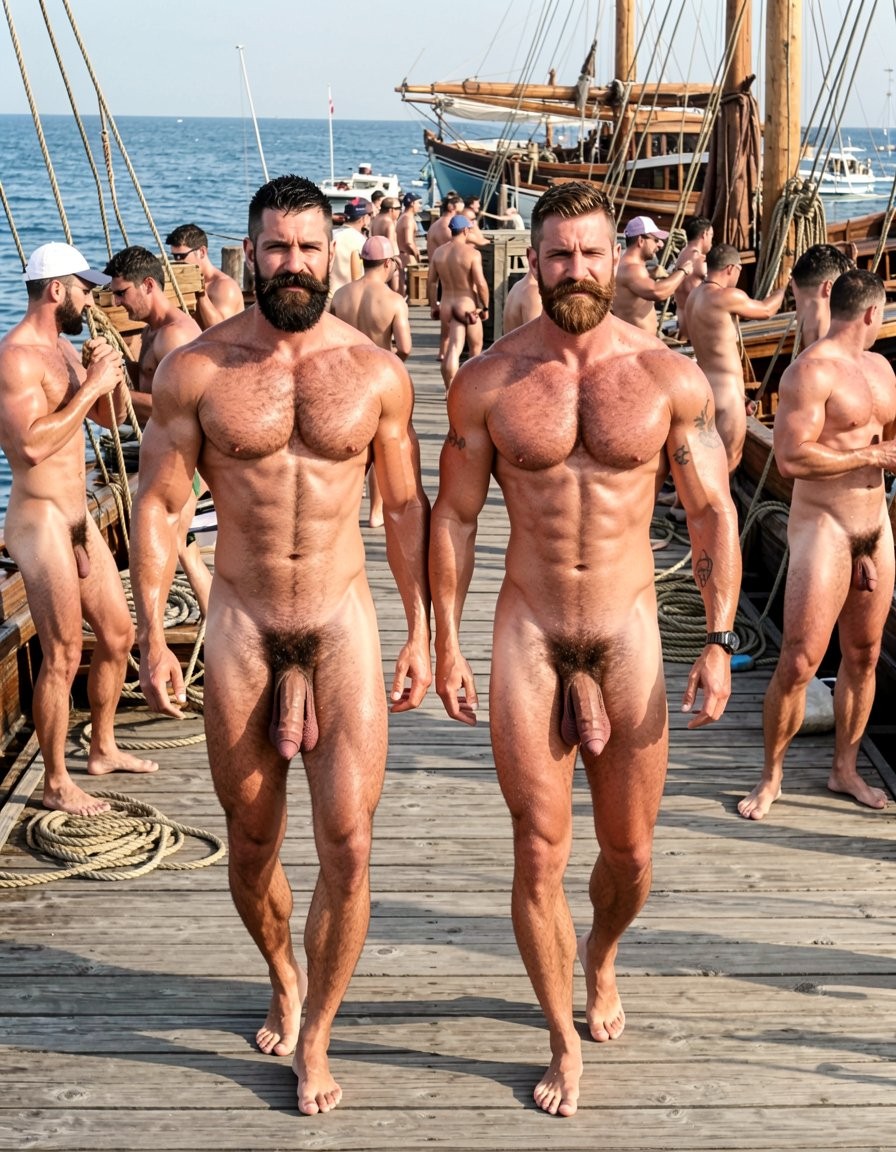 Ultra photorealistic 32k museum quality, cinematic golden hour lighting over a busy maritime port, perfect anatomy and proportions with zero distortion. Full body shot of two completely naked, extremely muscular men walking side by side along the wooden pier of a busy port. Gayon Von Neumann (left), 45 years old, 1.85m, 82kg, 4% body fat, brutally muscular and extremely hairy with thick black body hair covering his powerful chest, abs, arms and thick legs. Square jaw, thick well-groomed black mustache, dense joined eyebrows, small dark intense eyes, arrogant dominant expression. His massive 26cm thick veiny cock swinging heavily between his legs, big low-hanging hairy balls. Erik (right), 40 years old, shredded with 6% body fat, every muscle extremely defined and vascular, visible muscle fibers, wide rounded shoulders, big marked chest with dense dark blond hair, huge biceps and triceps, wide V-shaped back, big hard glutes, hairy thighs. Thick full Bandholz beard with well-integrated mustache, dark blond modern fade haircut, small anatomical tattoo on right arm reading 