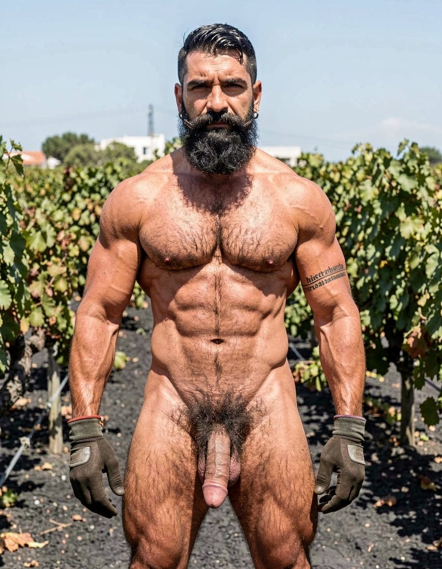 Naked and very muscular man posing standing in a vineyard, with his front torso fully visible, defined abs, defined chest and arms, abundant body hair, and a flaccid penis exposed between his legs. He has a thick dark beard, short hair combed back, a serious expression and direct gaze at the camera, as well as an earring and a tattoo on his arm. He is wearing work gloves, which contrasts with the nudity and reinforces the rural context of grape harvesting or agricultural work. In the background there are rows of green vines on dark soil, under intense outdoor light and a clear sky.