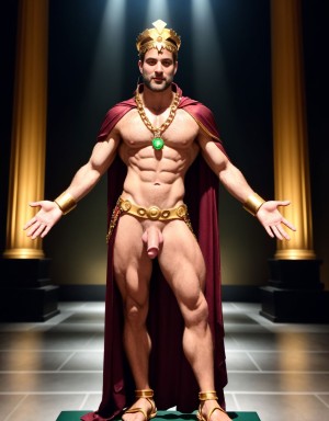 El dios Priapo de Pompeya está desnudo de pie. Es delgado y muy alto. Está en el museo de Nápoles. Tiene un pene grande y erecto. Tiene mucho vello por todo el cuerpo. Tiene sandalias en los pies. Tiene músculos muy definidos. Tiene una corona de laurel. Levanta una mano para saludar al público. El cuerpo está iluminado con focos de luz blanca. Tiene los ojos verdes. Tiene una cadena brillante en los pies. Tiene mucho vello en el pecho. Tiene una capa de oro sobre su espalda. Tiene boca abierta. Tiene sandalias en los pies. Está de perfil. Está de lado. Tiene las uñas de los pies pintadas de verde.
