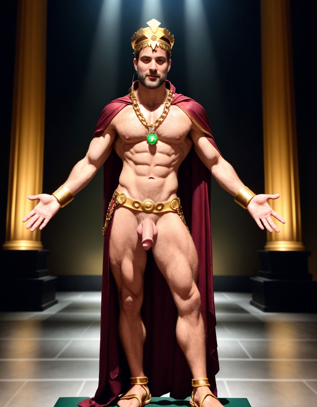 El dios Priapo de Pompeya está desnudo de pie. Es delgado y muy alto. Está en el museo de Nápoles. Tiene un pene grande y erecto. Tiene mucho vello por todo el cuerpo. Tiene sandalias en los pies. Tiene músculos muy definidos. Tiene una corona de laurel. Levanta una mano para saludar al público. El cuerpo está iluminado con focos de luz blanca. Tiene los ojos verdes. Tiene una cadena brillante en los pies. Tiene mucho vello en el pecho. Tiene una capa de oro sobre su espalda. Tiene boca abierta. Tiene sandalias en los pies. Está de perfil. Está de lado. Tiene las uñas de los pies pintadas de verde.