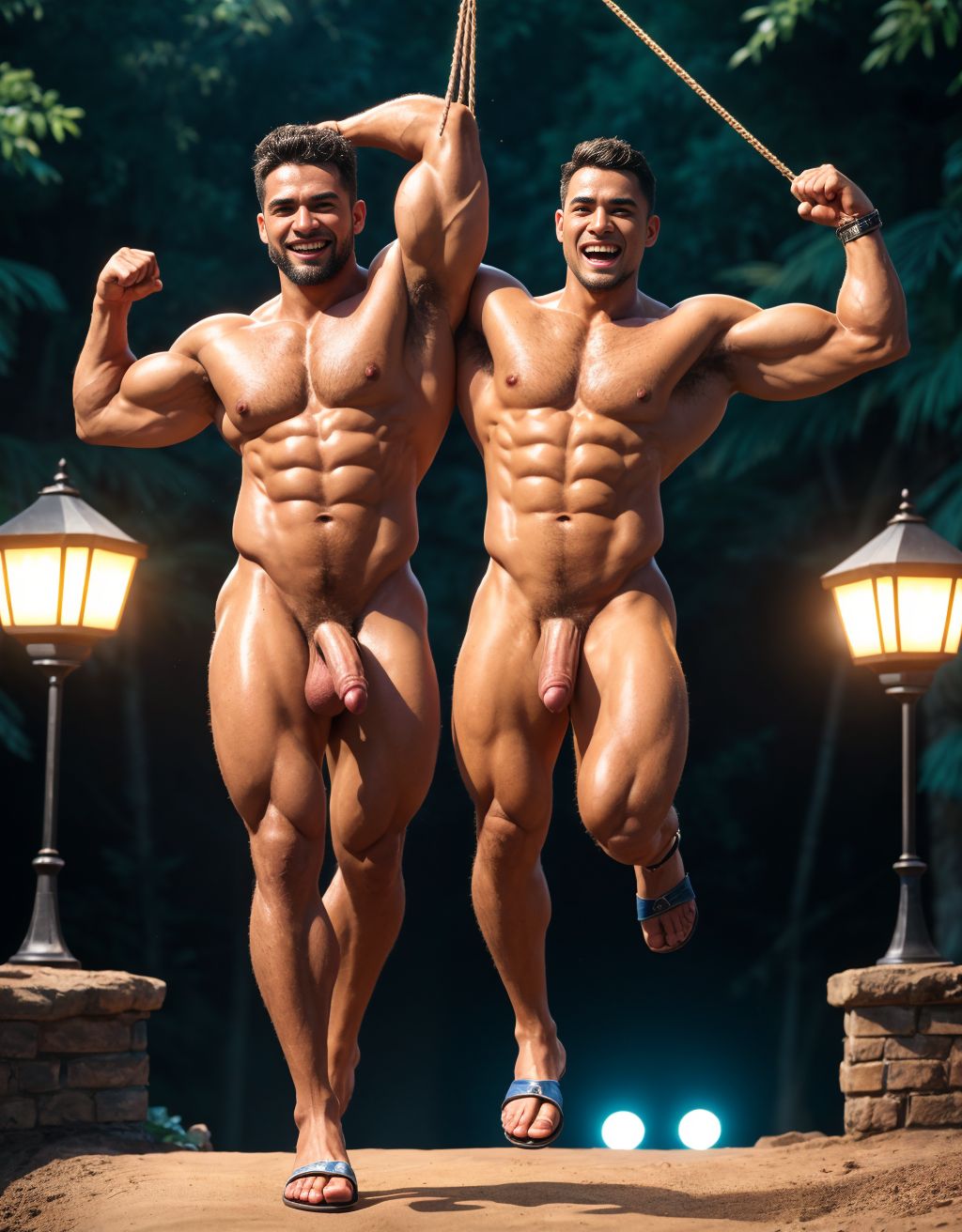 Dos hombres jóvenes desnudos musculosos y fibrosos. Tiene pene grande. Tienen sandalias en los pies. El enorme pene se dobla hacia el lado al saltar. Los testículos botan contra los muslos al saltar moviéndose hacia afuera. Tienen mucho pelo vello en el pecho. Tienen estatura de dos metros. Están dando saltos de alegría.