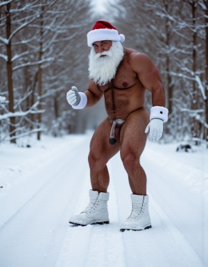 La Navidad. Papá Noel es un hombre de 40 años, atleta, está delgado y tiene músculos marcados y definidos, es muy varonil, tiene barba blanca abundante. Solo tiene el gorro de papá Noel porque está totalmente desnudo enseñando su musculatura de atleta y bronceada, tiene mucho vello blanco que cubre sus músculos pectorales y el abdomen y también en sus piernas. Tiene sandalias blancas en sus pies. Barba abundante blanca de papá Noel. Es el Papá Noel del año 2025, con mucha alegría y mucho sexo gay. Aspecto muy masculino salvaje. Pene erecto de 20cm de longitud y 8cm de diámetro. Abundante vello blanco por todo el cuerpo. Está andando sobre la nieve con sus botas blancas, mientras su pene erecto se balancea entre sus piernas y sus testículos botan. Está desnudo y masturbándose. 