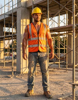 Trabajador de la construcción de pie en una obra, con casco amarillo de seguridad, chaleco reflectante naranja y pantalones vaqueros desgastados cubiertos de polvo, transmitiendo una actitud firme y profesional. Lleva botas de trabajo marrones y aparece iluminado por una luz cálida de atardecer que resalta su rostro, sus brazos y la textura del entorno. Alrededor se aprecian columnas de hormigón, andamios metálicos, estructuras en construcción, suelo de tierra y restos de material, creando un ambiente industrial de obra civil o edificación en proceso. La escena destaca la seguridad laboral, el esfuerzo físico y el contexto de construcción urbana.