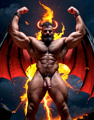Diablo Satanás desnudos con pene grande y testículos grandes. Dobla el brazo derecho para enseñar los bíceps del brazo derecho con gran orgullo. Tiene mucho vello por todo el cuerpo. Está bronceado. Tiene alas de diablo negras y rojas oscuro. Los brazos están hacia arriba implorando rayos y fuego. Tiene un chorro de fuego en el pene que sale a chorros rojos hacia arriba de su pene erecto tieso hacia arriba. Sus ojos son grandes y rojos. Tiene testículos grandes y oscuros. Está rodeado de llamas y humo. Tienen cara de maldad y con barba. Se ven los pies. Quiero ver los pies. Está delgado. Está con los huevos gordos a la vista.