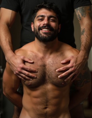 Hombre sin camiseta sentado o arrodillado, con torso musculado, pecho velludo y abdomen definido, sonríe de forma relajada mirando hacia la cámara. Detrás de él aparece otra persona vestida de negro, parcialmente visible, cuyos brazos rodean la escena y cuyas manos sujetan y presionan ambos pectorales del hombre, creando una composición íntima y sugerente. La iluminación cálida resalta la piel, la barba espesa, el pelo oscuro despeinado y los tatuajes visibles en los brazos de la persona situada detrás. El encuadre vertical y cercano centra la atención en el torso desnudo, la expresión alegre y el contacto físico entre ambos.
