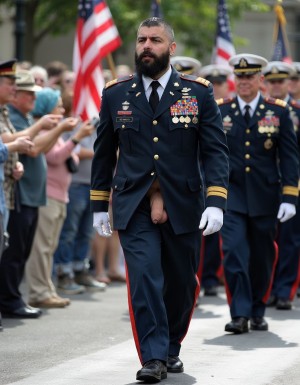 Full body shot of massive shredded muscular bearded military man marching in formation during military parade with torn dress pants exposing enormous erect cock and huge balls, thick black beard perfectly groomed, sharp military high and tight flat top haircut short on sides very short hair on top brushed straight up flat immaculate, wearing formal military dress uniform dark navy blue jacket with polished gold buttons gleaming white dress shirt black tie perfectly knotted medals and ribbons on chest white dress gloves white military dress cap, dress pants ripped wide open at crotch with massive thick veiny fully erect uncut cock 12 inches long jutting out hard and huge heavy hairy balls hanging exposed completely visible, still marching in perfect synchronized step head held extremely high with proud confident expression looking straight ahead, insanely muscular physique visible through tight uniform jacket, other soldiers in intact uniforms marching in formation beside him, crowd of shocked stunned spectators along parade route with mouths open pointing staring at his exposed massive erection, women and men in crowd with expressions of amazement shock awe, American flags waving, bright daylight, photorealistic extreme detail of massively hung muscular bearded soldier marching proudly with torn pants and fully exposed giant erect cock on display to shocked crowd during military parade