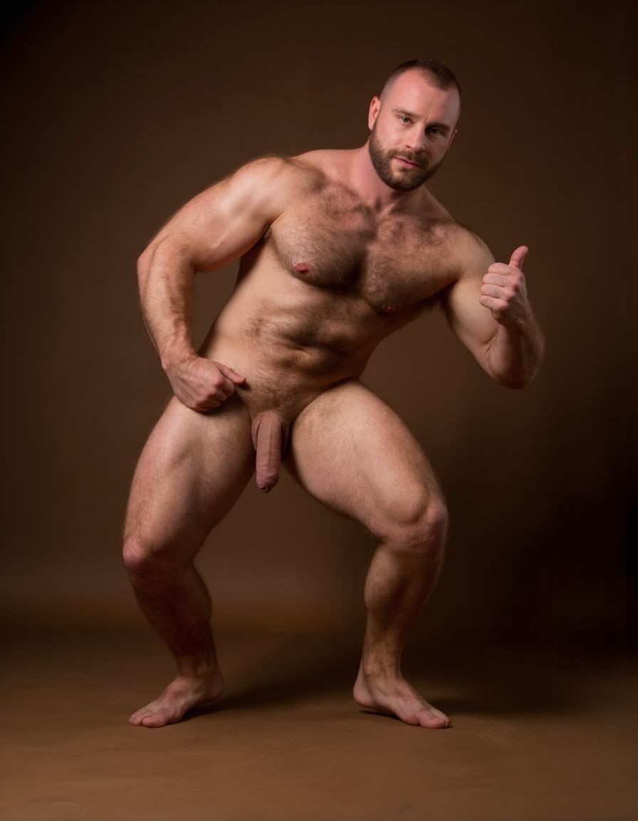 hombre culturista de 35 años posando desnudo de cuerpo completo, sonriente, tensa los bíceps, tiene un pene de 40 cm de longitud y 7 cm de diámetro, grandes dorsales, piernas, cintura estrecha, un poco calvo, grandes pezones rosas. Tiene un pene de 40 cm de longitud y 7 cm de diámetro. Tiene mucho vello en pecho y brazos y piernas. Tiene testículos de 10 kg de peso y están colgando. Tiene pies con sus uñas rojas. Fondo de color marrón. Está agachado. 