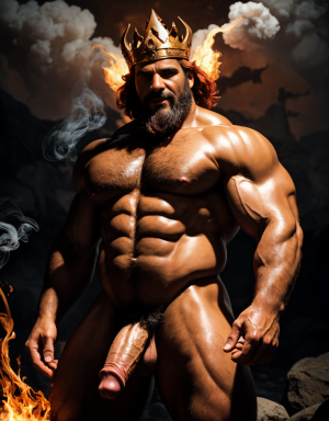 Cneo Pompeyo Magno desnudo con pene grande y testículos grandes peludos. Dobla el brazo derecho para enseñar los bíceps del brazo derecho con gran orgullo. Tiene mucho vello por todo el cuerpo. Está bronceado. Tiene corona de oro. Tiene alas de diablo negras y rojas oscuro. Los brazos están hacia arriba implorando rayos y fuego. Tiene un chorro de fuego en el pene que sale a chorros rojos hacia arriba de su pene erecto tieso hacia arriba. Sus ojos son grandes y rojos. Está enseñando sus grandes testículos. Tiene testículos grandes y oscuros. Está alumbrado con mucha luz roja por todo el cuerpo. Es muy atractivo. Está rodeado de llamas y humo. Tienen cara de maldad y con barba. Se ven los pies. ¿Donde están sus pies? quiero ver los pies