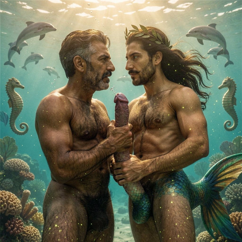 Dos hombres semidesnudos con aspecto de tritones se enfrentan bajo el agua en una escena fantástica y homoerótica, rodeados de luz filtrada desde la superficie, corales, caballitos de mar y delfines nadando al fondo. El hombre de la izquierda, barbudo y de pelo canoso, sujeta con firmeza un pene erecto de tono violáceo entre ambos cuerpos, mientras mira intensamente al hombre más joven, de melena larga, bigote, corona de laurel y torso musculoso. La figura de la derecha tiene una cola de sirena escamada en tonos verdes y azules, con aletas amplias, creando una composición submarina mitológica, sensual y cargada de tensión visual.