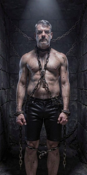 Muscular, semi-nude man standing in a narrow dark stone cell, lit from above by a beam of cold light that accentuates his bare torso, body hair, dirt marks, and small wounds on his skin. He wears black leather shorts and appears immobilized with thick metal chains crossed over his chest, around his neck, wrists, and legs, fastened to the walls and floor. His serious, tired, and defiant expression, along with his gray mustache and short hair, reinforces an atmosphere of captivity, domination, confinement, dungeon, and dramatic tension in a gloomy, damp setting.