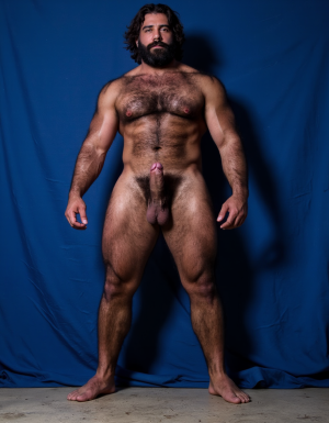 Enomao. Hombre de 35 años, cuerpo completo de pies a cabeza, pose frontal de pie, cuerpo delgado, rostro rudo con mandíbula cuadrada y ceño fruncido, barba abundante negra descuidada de varios días, nariz ancha, cicatriz pequeña en la ceja izquierda, mirada intimidante, pelo negro largo y despeinado, cuello grueso con tendones marcados, hombros anchos y trapecios abultados, pectorales enormes y duros con sombras profundas bajo cada músculo, pezones oscuros rodeados de vello negro denso, vello negro abundante cubriendo todo el pecho extendiéndose hacia el abdomen, abdominales definidos con seis bloques marcados y venas visibles, línea de vello negro desde el ombligo bajando, oblicuos duros con sombras que acentúan cada fibra muscular, brazos con bíceps y tríceps marcados y muy definidos, venas prominentes en los antebrazos, vello negro espeso en antebrazos y dorso de las manos, manos con nudillos anchos y dedos fuertes, piel con suciedad natural como grasa de trabajo y tierra en pecho brazos y piernas, manchas de mugre en los antebrazos y marcas de sudor seco, muslos marcados con cuádriceps separados y definidos cubiertos de vello negro abundante, pantorrillas duras en tensión con vello oscuro, pies descalzos plantados en suelo de hormigón, iluminación lateral dura que proyecta sombras profundas en cada grupo muscular resaltando la masa y la fuerza bruta, ambiente de atmósfera cruda y masculina, fotografía hiperrealista, textura de piel visible con poros y imperfecciones. Tiene un pene erecto masculino de 38,5 cm de longitud y 8,5 cm de diámetro, proporciones perfectas, glande grueso y pronunciado con corona marcada, color rosado oscuro en la cabeza contrastando con el tono bronceado del tronco, venas gruesas y ramificadas recorriendo toda la extensión del falo desde la base hasta el glande, piel tensa y brillante por la erección máxima, prepucio retraído mostrando el frenillo, testículos grandes y pesados colgando en escroto arrugado, cubiertos de vello púbico oscuro y denso, pelo rizado extendiéndose hacia la base del pene, piel escrotal con textura visible y poros definidos, venas visibles en los testículos, posición frontal ligeramente angular, iluminación de estudio con sombras suaves que resaltan cada relieve y textura, fotografía hiperrealista, ultra alta definición 4K, texturas extremadamente detalladas, colores naturales de piel humana, acabado cinematográfico.

El fondo de la imagen es un azul ultramar intenso y profundo, con ondas de tela que ondean como si fueran arrastradas por el viento, creando un movimiento dinámico con la figura. La textura ondulante, similar a la seda, añade una capa de profundidad y sensibilidad a la escena, contrastando con la crudeza y pasión del acto sexual.

La fotografía realista, con genitales anatómicamente correctos y proporciones naturales, sin distorsión, busca capturar la esencia cruda y visceral del momento, sin adornos ni censuras. El enfoque en el punto del pene visible desde un ángulo lateral, busca resaltar la intensidad y la conexión del hombre y su entorno, inmerso en un acto de pasión y deseo. El contenido explícito para adultos es una representación auténtica y sin tapujos de la intimidad y el deseo humano, sin rodeos ni evasivas.