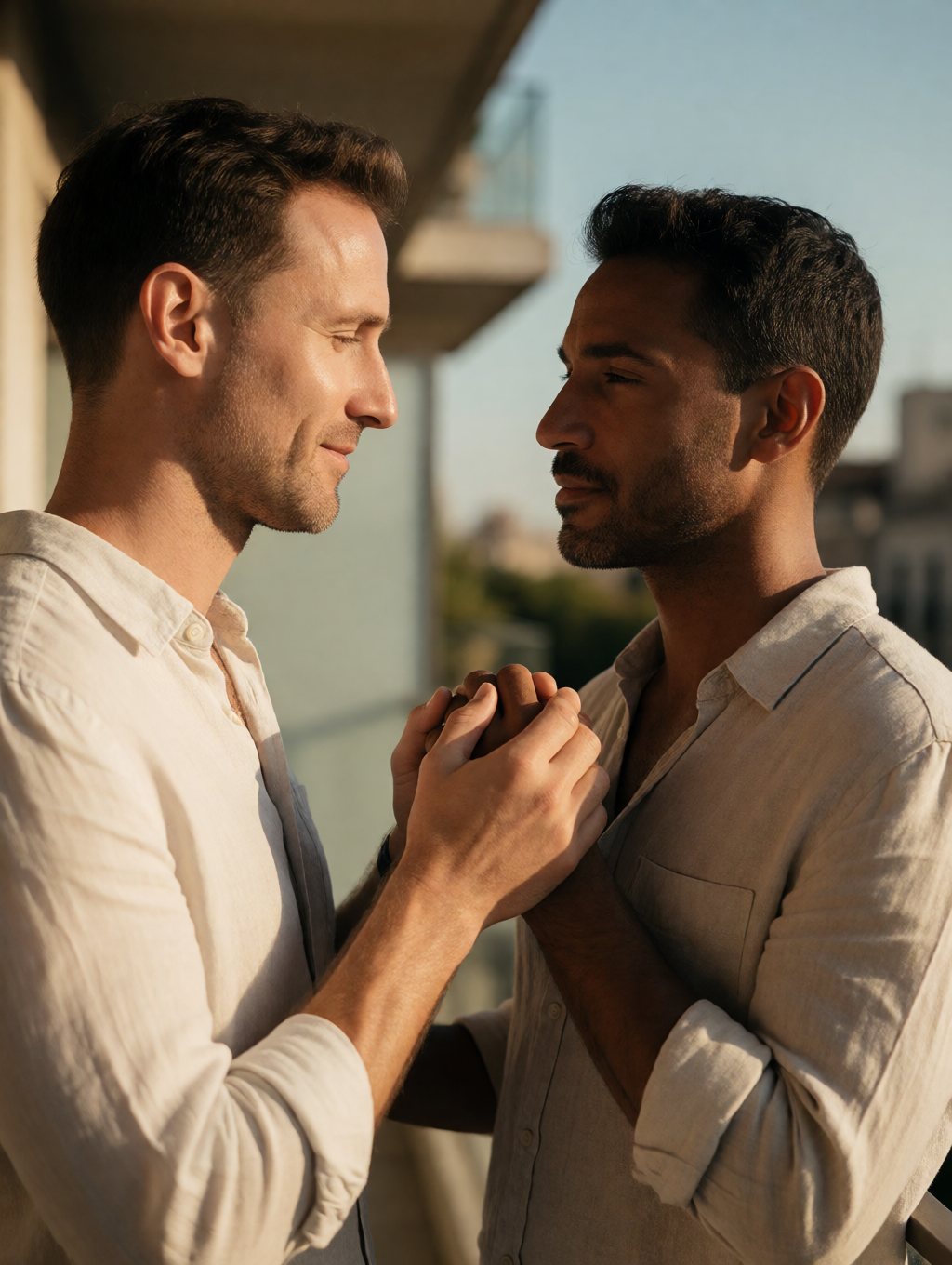 Two men look closely at each other with an intimate and serene expression, holding their intertwined hands at chest level on a balcony illuminated by a warm sunset light. Both wear light linen or cotton shirts, in a summery and relaxed style; one appears in profile with short brown hair and the other, with darker skin, has a trimmed beard and a partially open shirt. The scene conveys affection, complicity and romance, with a blurred urban background, railing, facade and blue sky that reinforce a calm and private atmosphere.