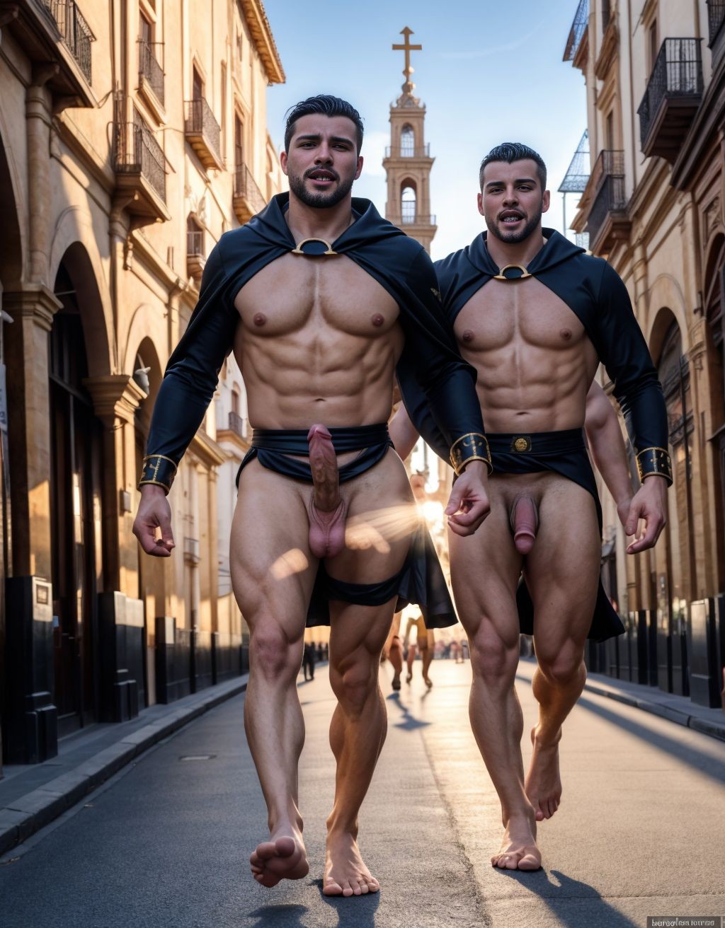 Un hombre desnudo es Nazareno de Semana Santa por las calles de Sevilla. Tiene pene muy grande y perfecto. Iluminado con luz cálida del sol de atardecer. Le persiguen dos hombres con túnica de nazareno con los penes erectos y descubiertos