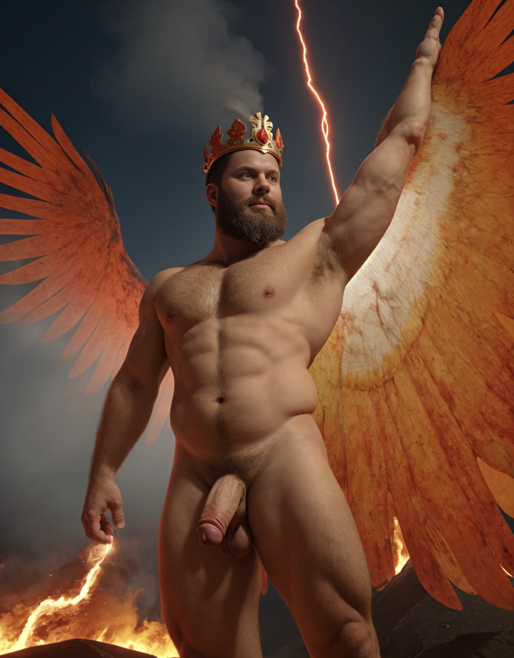Cneo Pompeyo Magno desnudo con pene grande y testículos grandes peludos. Dobla el brazo derecho para enseñar los bíceps del brazo derecho con gran orgullo. Tiene mucho vello por todo el cuerpo. Está bronceado. Tiene corona de oro. Tiene alas de diablo negras y rojas oscuro. Los brazos están hacia arriba implorando rayos y fuego. Tiene un chorro de fuego en el pene erecto que sale a chorros rojos hacia arriba de su pene erecto tieso hacia arriba. Sus ojos son grandes y rojos. Está alumbrado con mucha luz blanca y roja por todo el cuerpo. Está rodeado de llamas y humo. Tiene cara fuerte con aspecto de malvado y con barba muy grande. Tiene sandalias negras en los pies. Está delgado.