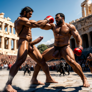 Harmodio y Aristogitón están desnudos. Tienen grandes testículos muy velludos. Luchan en la plaza medieval de Atenas. Luchan pegando puñetazos en el pubis. Golpean con sus grandes penes. Son musculosos y están delgados y bronceados. Tienen mucho vello por todo el cuerpo. Harmodio levanta la pierna derecha para pegar con el pie derecho a Aristogitón en la cara.