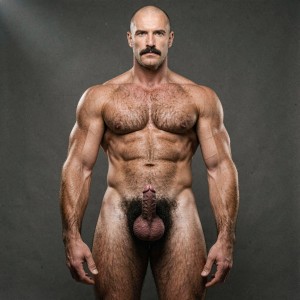 Mike Morris, a 32-year-old extremely lean and shredded Caucasian male with only 8% body fat, stands completely naked in a rigid military attention pose captured in a perfect full-body exact frontal view at 0 degrees. The uninterrupted shot starts at the very tips of his size 44 feet with visible dark hair on the toes and insteps and rises all the way to the top of his smooth bald head without any cropping whatsoever. His physique is exceptionally dry, vascular and powerfully masculine from the front: massive squared pectorals with clear separation, thick developed trapezius, narrow waist, deeply defined six-pack abdominals, wide shoulders and thick muscular thighs and diamond-shaped calves. His entire body is covered in dense, uniform dark brown body hair that forms a thick T-pattern across his massive chest, spreads over his shoulders, arms, abdomen, and explodes into an extremely dense, curly and thick pubic bush that climbs almost to his navel. Dramatic directional studio lighting falls from high and slightly to the left, creating strong crisp rim lighting that traces every muscular edge and vein while casting deep dramatic shadows that accentuate the extreme dryness, vascularity and striations of his 8% body fat physique. His advanced Norwood III-IV bald scalp is completely smooth on top with only very short dense dark brown hair on the sides and back. His face is hard and serious: square angular jaw, thick handlebar mustache, intense dark brown eyes looking straight ahead. His penis and testicles are fully visible and perfectly detailed in the center of the frame: thick 24 cm cock standing fully erect with a slight upward curve, prominent veins running along the shaft, long foreskin partially covering the flushed pink-red glans, and noticeably lighter skin tone that contrasts sharply with his bronzed, hairy torso. Below it hang his large, heavy, low-hanging testicles with wrinkled darker skin, all framed by the extremely dense dark brown pubic hair. Every anatomical detail from his veined hands and forearms to his squared chest, carved abs, thick cock, heavy balls and hairy toes is perfectly proportioned, natural and hyperrealistic. Photorealistic, high-contrast, masculine 1970s Colt Studio aesthetic with subtle grainy film texture and masterful studio lighting.