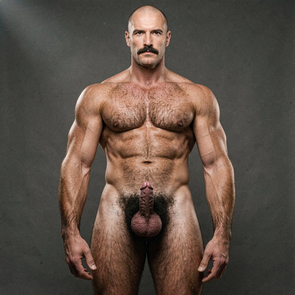 Mike Morris, a 32-year-old extremely lean and shredded Caucasian male with only 8% body fat, stands completely naked in a rigid military attention pose captured in a perfect full-body exact frontal view at 0 degrees. The uninterrupted shot starts at the very tips of his size 44 feet with visible dark hair on the toes and insteps and rises all the way to the top of his smooth bald head without any cropping whatsoever. His physique is exceptionally dry, vascular and powerfully masculine from the front: massive squared pectorals with clear separation, thick developed trapezius, narrow waist, deeply defined six-pack abdominals, wide shoulders and thick muscular thighs and diamond-shaped calves. His entire body is covered in dense, uniform dark brown body hair that forms a thick T-pattern across his massive chest, spreads over his shoulders, arms, abdomen, and explodes into an extremely dense, curly and thick pubic bush that climbs almost to his navel. Dramatic directional studio lighting falls from high and slightly to the left, creating strong crisp rim lighting that traces every muscular edge and vein while casting deep dramatic shadows that accentuate the extreme dryness, vascularity and striations of his 8% body fat physique. His advanced Norwood III-IV bald scalp is completely smooth on top with only very short dense dark brown hair on the sides and back. His face is hard and serious: square angular jaw, thick handlebar mustache, intense dark brown eyes looking straight ahead. His penis and testicles are fully visible and perfectly detailed in the center of the frame: thick 24 cm cock standing fully erect with a slight upward curve, prominent veins running along the shaft, long foreskin partially covering the flushed pink-red glans, and noticeably lighter skin tone that contrasts sharply with his bronzed, hairy torso. Below it hang his large, heavy, low-hanging testicles with wrinkled darker skin, all framed by the extremely dense dark brown pubic hair. Every anatomical detail from his veined hands and forearms to his squared chest, carved abs, thick cock, heavy balls and hairy toes is perfectly proportioned, natural and hyperrealistic. Photorealistic, high-contrast, masculine 1970s Colt Studio aesthetic with subtle grainy film texture and masterful studio lighting.