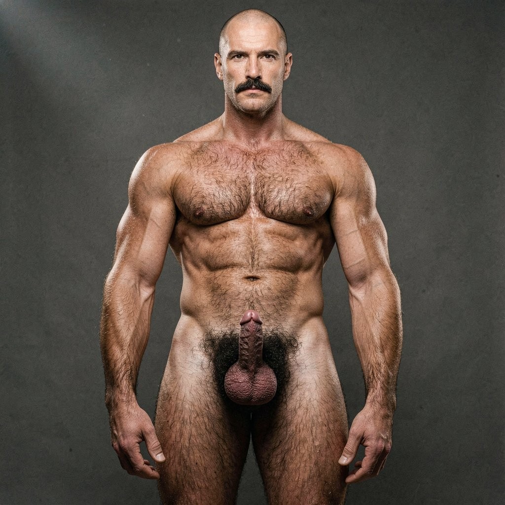 Mike Morris, a 32-year-old extremely lean and shredded Caucasian male with only 8% body fat, stands completely naked in a rigid military attention pose captured in a perfect full-body exact frontal view at 0 degrees. The uninterrupted shot starts at the very tips of his size 44 feet with visible dark hair on the toes and insteps and rises all the way to the top of his smooth bald head without any cropping whatsoever. His physique is exceptionally dry, vascular and powerfully masculine from the front: massive squared pectorals with clear separation, thick developed trapezius, narrow waist, deeply defined six-pack abdominals, wide shoulders and thick muscular thighs and diamond-shaped calves. His entire body is covered in dense, uniform dark brown body hair that forms a thick T-pattern across his massive chest, spreads over his shoulders, arms, abdomen, and explodes into an extremely dense, curly and thick pubic bush that climbs almost to his navel. Dramatic directional studio lighting falls from high and slightly to the left, creating strong crisp rim lighting that traces every muscular edge and vein while casting deep dramatic shadows that accentuate the extreme dryness, vascularity and striations of his 8% body fat physique. His advanced Norwood III-IV bald scalp is completely smooth on top with only very short dense dark brown hair on the sides and back. His face is hard and serious: square angular jaw, thick handlebar mustache, intense dark brown eyes looking straight ahead. His penis and testicles are fully visible and perfectly detailed in the center of the frame: thick 24 cm cock standing fully erect with a slight upward curve, prominent veins running along the shaft, long foreskin partially covering the flushed pink-red glans, and noticeably lighter skin tone that contrasts sharply with his bronzed, hairy torso. Below it hang his large, heavy, low-hanging testicles with wrinkled darker skin, all framed by the extremely dense dark brown pubic hair. Every anatomical detail from his veined hands and forearms to his squared chest, carved abs, thick cock, heavy balls and hairy toes is perfectly proportioned, natural and hyperrealistic. Photorealistic, high-contrast, masculine 1970s Colt Studio aesthetic with subtle grainy film texture and masterful studio lighting.