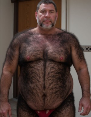 Un Guardia Civil español de 65 años, con una constitución grande y gordo, cubierto de vello en diferentes partes de su cuerpo, viste el uniforme de guardia civil, pero con la camisa desabrochada y la parte superior desprendida, mostrando su torso peludo y prominente. Su miembro viril se encuentra al descubierto, destacándose de manera notable. La cara del guardia civil refleja su edad avanzada, con arrugas y una piel más pálida, sin barba, pero con un cabello canoso que denota su madurez. Sus pezones están marcadamente visibles a través de la camisa entreabierta, lo que añade a la imagen de una figura imponente y seria. El guardia civil mira directamente al frente con una expresión seria y autoritaria, como si estuviera desafiando a quien lo observa, su postura y mirada transmiten una sensación de autoridad y control, a pesar de su edad y su estado de semi-desnudez. La imagen debería ser hiperrealista, con detalles de alta calidad que resalten cada aspecto de la escena, desde el vello del guardia civil hasta la textura de su uniforme y la seriedad de su rostro.