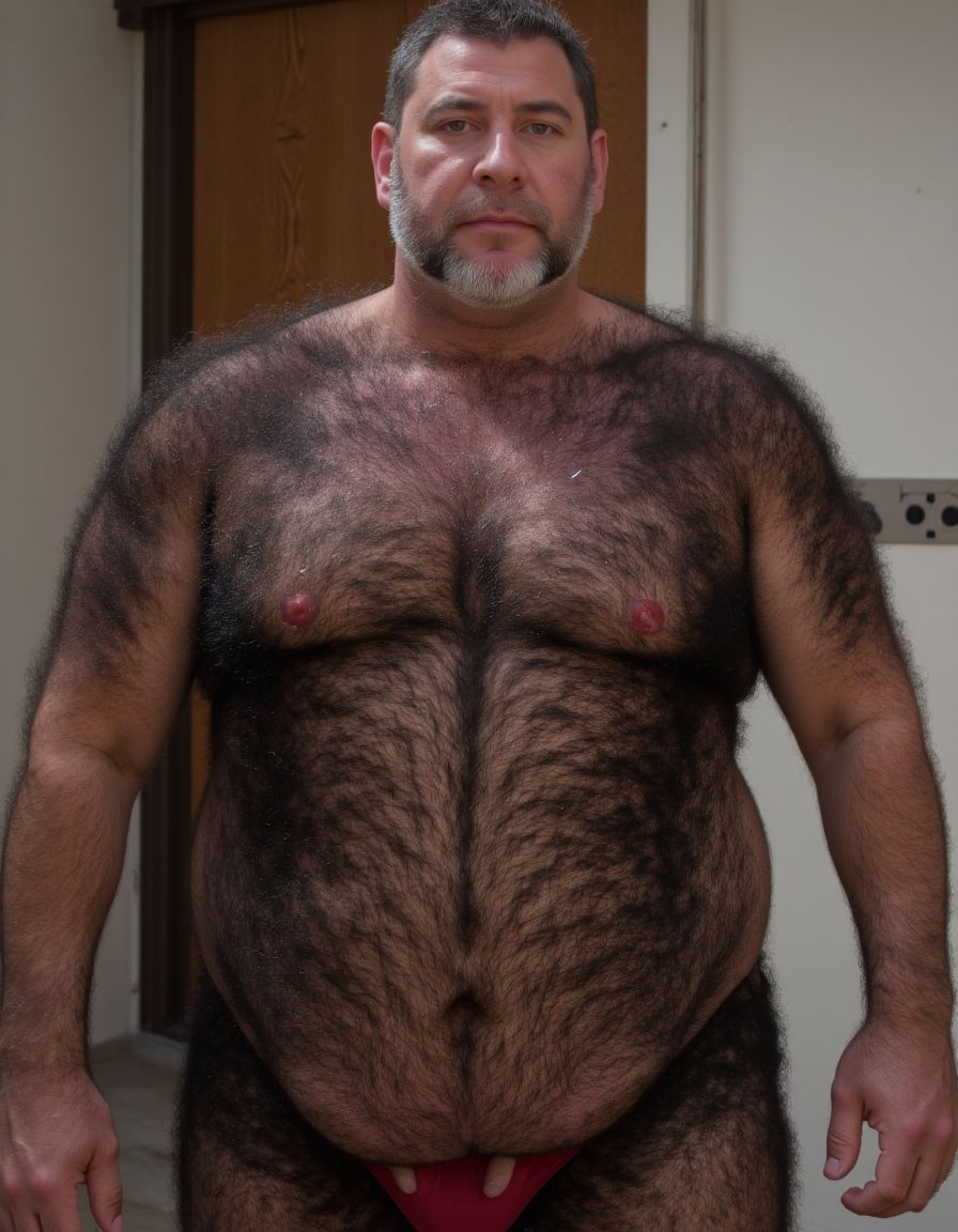 Un Guardia Civil español de 65 años, con una constitución grande y gordo, cubierto de vello en diferentes partes de su cuerpo, viste el uniforme de guardia civil, pero con la camisa desabrochada y la parte superior desprendida, mostrando su torso peludo y prominente. Su miembro viril se encuentra al descubierto, destacándose de manera notable. La cara del guardia civil refleja su edad avanzada, con arrugas y una piel más pálida, sin barba, pero con un cabello canoso que denota su madurez. Sus pezones están marcadamente visibles a través de la camisa entreabierta, lo que añade a la imagen de una figura imponente y seria. El guardia civil mira directamente al frente con una expresión seria y autoritaria, como si estuviera desafiando a quien lo observa, su postura y mirada transmiten una sensación de autoridad y control, a pesar de su edad y su estado de semi-desnudez. La imagen debería ser hiperrealista, con detalles de alta calidad que resalten cada aspecto de la escena, desde el vello del guardia civil hasta la textura de su uniforme y la seriedad de su rostro.