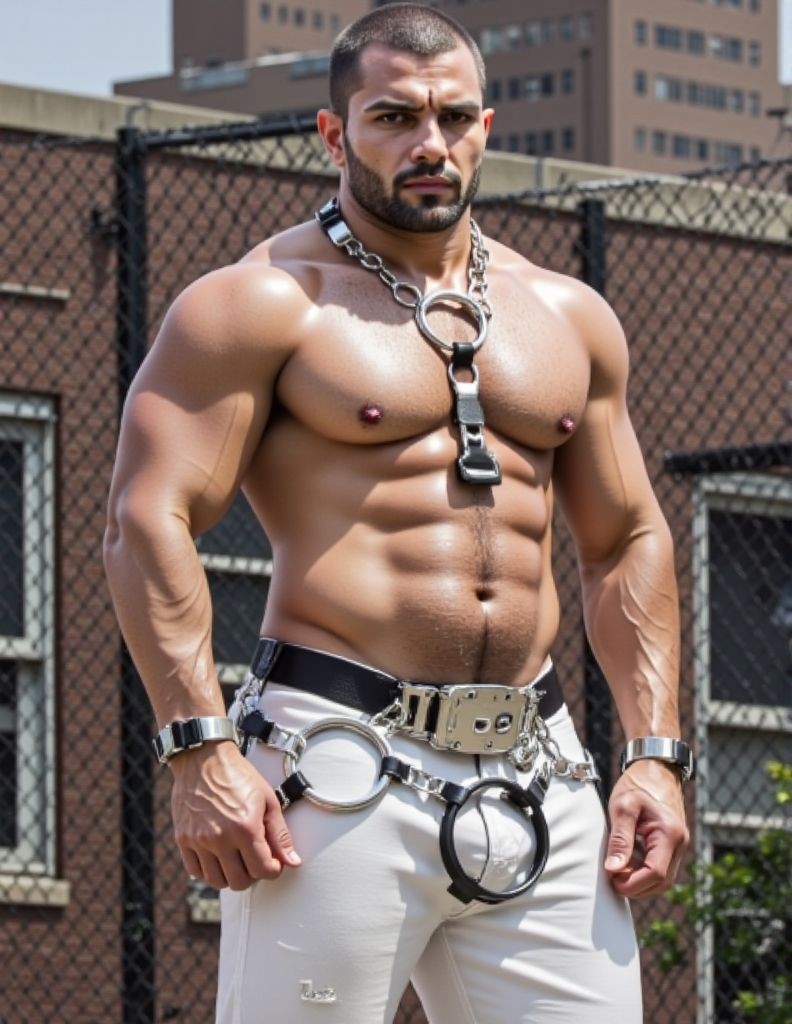 Amo en el exterior de una prisión, es moreno y muy musculoso, con barba corta,  lleva cadena de metal al cuello, brazaletes de metal, esposas sujetas al cinturón, pantalón blanco marcando paquete, mirada amenazante