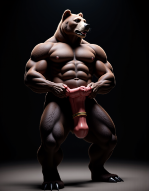 Un oso musculoso y fornido de pie, con un torso fuerte y bien definido, cubierto de un pelaje denso y oscuro, y con un pene grande y erecto, destacado por la iluminación dramática que resalta cada músculo y cada detalle de su anatomía, en un estilo hiperrealista con detalles de alta calidad, con un enfoque intenso en la musculatura y la nudez del oso, (oso musculoso:1.5) (pene grande:1.3) (iluminación dramática:1.2)