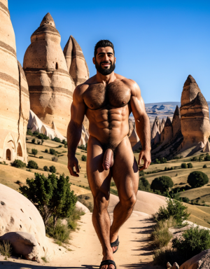 Turco desnudo. Tiene pene grande y largo. Tiene sandalias. Tiene 30 años de edad. Tiene vello y es atlético. Está paseando por Capadocia. Está acompañado de hombres desnudos y bellos.
