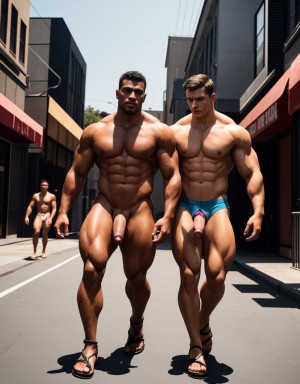 Dos hombres jóvenes desnudos musculosos y fibrosos. Tiene pene grande. Están andando por la calle. Tienen sandalias en los pies. Tienen calzoncillos muy ajustados y rotos por donde sale el pene y los testículos que se mueven al aire al andar. El enorme pene se dobla al ritmo del andar. Los testículos botan contra los muslos al andar. Las manos tocan y acarician la punta del pene.