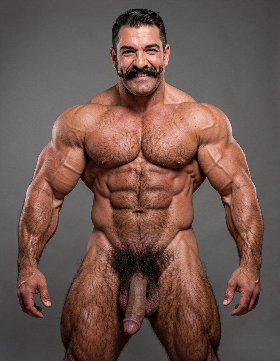 A powerful 35-year-old rural alpha male, 1.85m tall, 80kg, extremely dry and fibrous with 5% body fat, pure hard muscle that looks imposing. Square, hard masculine face with very prominent wide jaw, marked chin, high square cheekbones, slightly wrinkled forehead from frowning. Thick well-groomed black mustache with perfect alignment but noticeable volume, dense black eyebrows almost meeting in the center, small dark penetrating eyes with cold, disdainful, naturally arrogant look full of contempt. Straight somewhat wide nose, thin lips with permanent superior and arrogant expression as if about to spit on you. When he smirks sideways the mustache twists and deep wrinkles form on his cheeks making him look even more of a bastard. Sun-tanned golden skin with warm glow. Completely hairy torso covered in dense rough black hair that swirls thickest around dark hard nipples, wide shoulders and narrow waist in a perfect dominant triangle shape. Thick treasure trail of black hair running down defined abs, exploding into wild thick messy black pubic bush that covers the entire pubic area, surrounds the base of his heavy thick cock and climbs several centimeters up the lower belly and into the groin. Arms covered in black hair from shoulders to wrists, especially dense on forearms. Very hairy back and shoulders too. Massive 26cm even flaccid cock, 7cm thick diameter, heavy and hanging low between muscular thighs, dark brown skin tone darker than the rest of his body, heavily veined with one thick prominent vein running along the top, slightly rugose texture, very generous thick fleshy foreskin that completely covers the head forming a long heavy overhang with darker rim and shiny moisture visible at the opening. Large mushroom-shaped glans in dark pink-purple with very pronounced corona and wide piss slit, thick fleshy frenulum lighter in color. Heavy low-hanging scrotum with large balls, dark wrinkled skin completely covered in thick curly black hair, balls move freely inside the sack. Round high muscular ass with firm cheeks covered in black hair on top and between them, small tight hole surrounded by a visible ring of finer black hair. Extremely muscular veiny arms with big calloused working hands, high round biceps that bulge like hard balls with thick vein on top, very defined triceps with visible horse shoe, thick wide forearms full of cord-like veins, dense black hair on outer forearms. Powerful legs built for hard work and hard fucking: dense thighs with bulging vastus lateralis, separated quad sweeps, visible veins running from groin to knee, rock-hard hamstrings and defined tendons, diamond-shaped calves with two distinct hard heads covered in black curly hair. Dense rough black hair all over legs, thicker on upper thighs. Overall extremely dominant, arrogant rural stud with cold superior stare, thick black mustache and permanent smirk that says he owns you. Photorealistic, highly detailed, sharp focus, dramatic lighting that highlights every muscle, vein and hair.