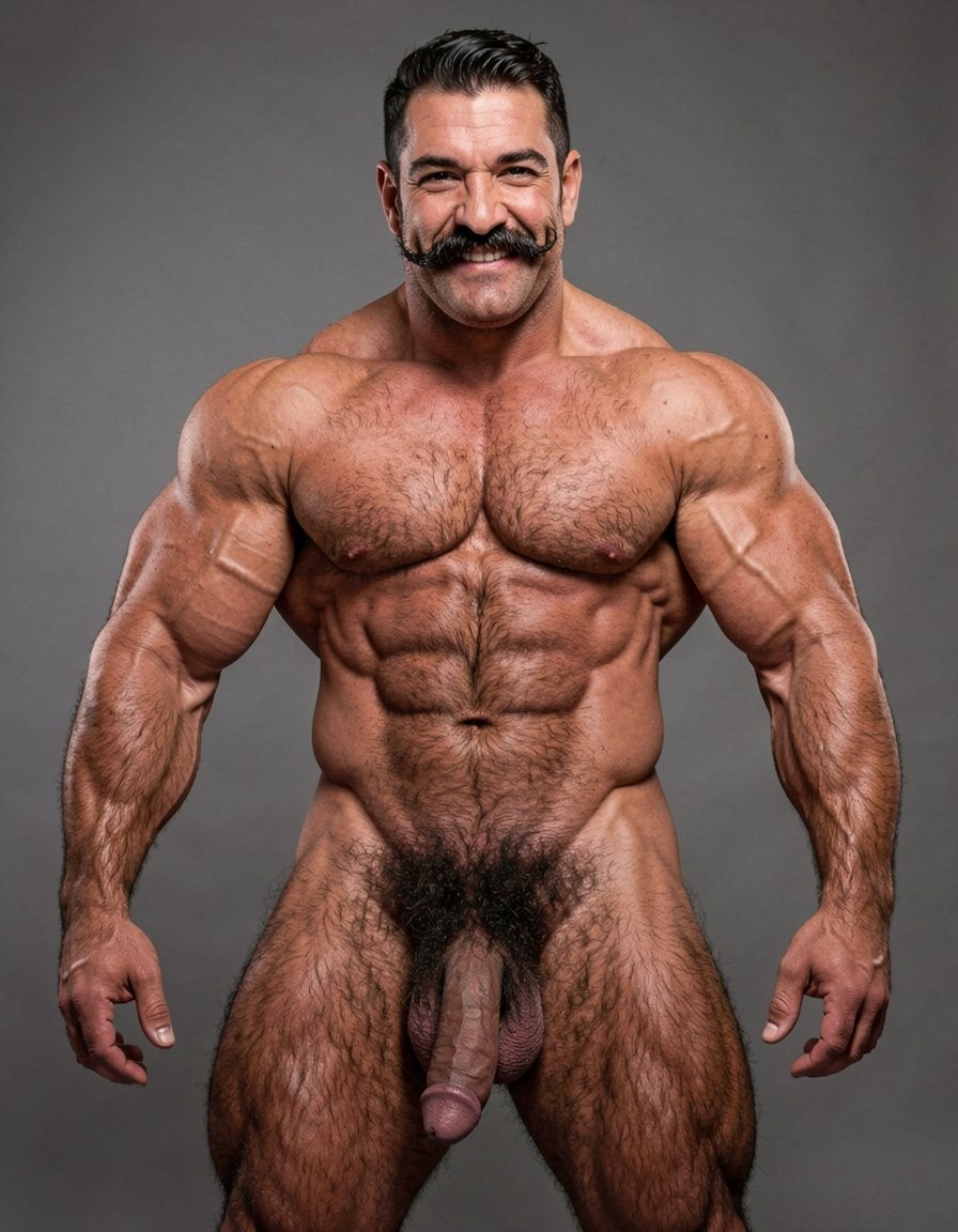 A powerful 35-year-old rural alpha male, 1.85m tall, 80kg, extremely dry and fibrous with 5% body fat, pure hard muscle that looks imposing. Square, hard masculine face with very prominent wide jaw, marked chin, high square cheekbones, slightly wrinkled forehead from frowning. Thick well-groomed black mustache with perfect alignment but noticeable volume, dense black eyebrows almost meeting in the center, small dark penetrating eyes with cold, disdainful, naturally arrogant look full of contempt. Straight somewhat wide nose, thin lips with permanent superior and arrogant expression as if about to spit on you. When he smirks sideways the mustache twists and deep wrinkles form on his cheeks making him look even more of a bastard. Sun-tanned golden skin with warm glow. Completely hairy torso covered in dense rough black hair that swirls thickest around dark hard nipples, wide shoulders and narrow waist in a perfect dominant triangle shape. Thick treasure trail of black hair running down defined abs, exploding into wild thick messy black pubic bush that covers the entire pubic area, surrounds the base of his heavy thick cock and climbs several centimeters up the lower belly and into the groin. Arms covered in black hair from shoulders to wrists, especially dense on forearms. Very hairy back and shoulders too. Massive 26cm even flaccid cock, 7cm thick diameter, heavy and hanging low between muscular thighs, dark brown skin tone darker than the rest of his body, heavily veined with one thick prominent vein running along the top, slightly rugose texture, very generous thick fleshy foreskin that completely covers the head forming a long heavy overhang with darker rim and shiny moisture visible at the opening. Large mushroom-shaped glans in dark pink-purple with very pronounced corona and wide piss slit, thick fleshy frenulum lighter in color. Heavy low-hanging scrotum with large balls, dark wrinkled skin completely covered in thick curly black hair, balls move freely inside the sack. Round high muscular ass with firm cheeks covered in black hair on top and between them, small tight hole surrounded by a visible ring of finer black hair. Extremely muscular veiny arms with big calloused working hands, high round biceps that bulge like hard balls with thick vein on top, very defined triceps with visible horse shoe, thick wide forearms full of cord-like veins, dense black hair on outer forearms. Powerful legs built for hard work and hard fucking: dense thighs with bulging vastus lateralis, separated quad sweeps, visible veins running from groin to knee, rock-hard hamstrings and defined tendons, diamond-shaped calves with two distinct hard heads covered in black curly hair. Dense rough black hair all over legs, thicker on upper thighs. Overall extremely dominant, arrogant rural stud with cold superior stare, thick black mustache and permanent smirk that says he owns you. Photorealistic, highly detailed, sharp focus, dramatic lighting that highlights every muscle, vein and hair.