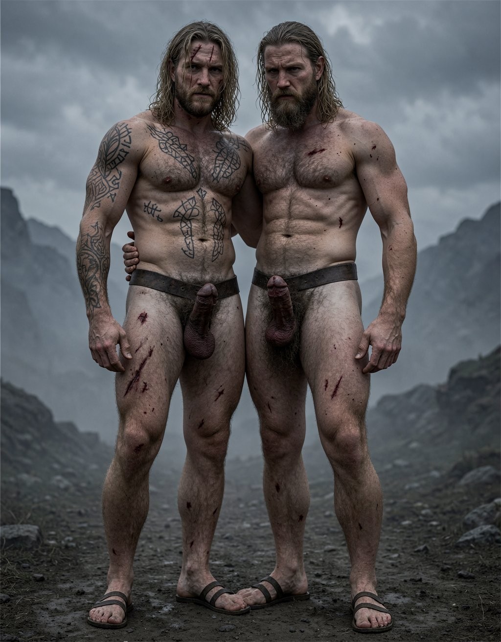 Two muscular, warrior-looking men pose standing in a gray, misty mountainous landscape under a stormy sky. Both have long wet hair, thick beards, and bare torsos, with dirty skin, wounds, scratches, and bloodstains on their arms and legs. The man on the left displays numerous tribal and runic tattoos on his chest, abdomen, and arm, while the one on the right has a more robust build and a stern expression. They wear sandals and a leather strip or belt around the waist, leaving the penis visible. The scene conveys rawness, physical strength, Viking ritual, and a wild battle atmosphere.