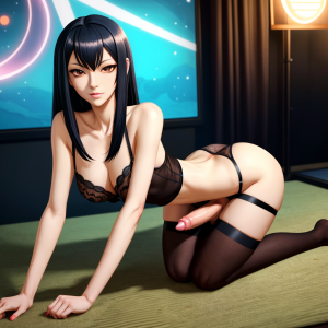 Una trans con cuerpo delgado y pecho plano, pelo negro media melena, viste lencería femenina ajustada negra, pene pequeño visible, en cuclillas a cuatro patas, ofreciendo culito, con mirada seductora, piel suave y blanca, ropa interior ceñida, pose provocativa y sensual.