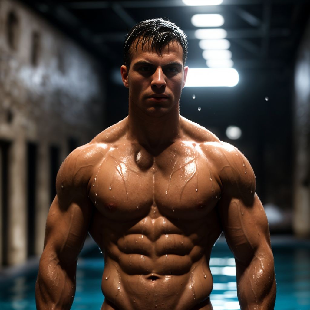 Hombre musculoso de 28 años, jugador de fútbol, cubierto de gotas de agua, parado en una mazmorra , físico atlético, torso desnudo, toalla húmeda en la cintura, piel brillante, sombras dramáticas, expresión serena y cansada, estilo pop art y graffiti, texturas húmedas, fondo desenfocado, enfoque en la forma poderosa del jugador.