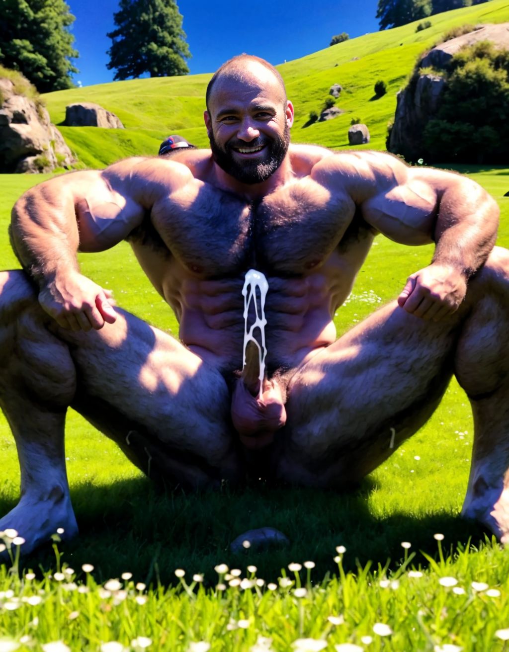 Dos hombres desnudos musculosos velludos están son pastores de ovejas en el prado verde. Están contentos y alegres. Tienen el pene grande de donde sale mucho semen líquido blanco. Tienen los testículos grandes y peludos.