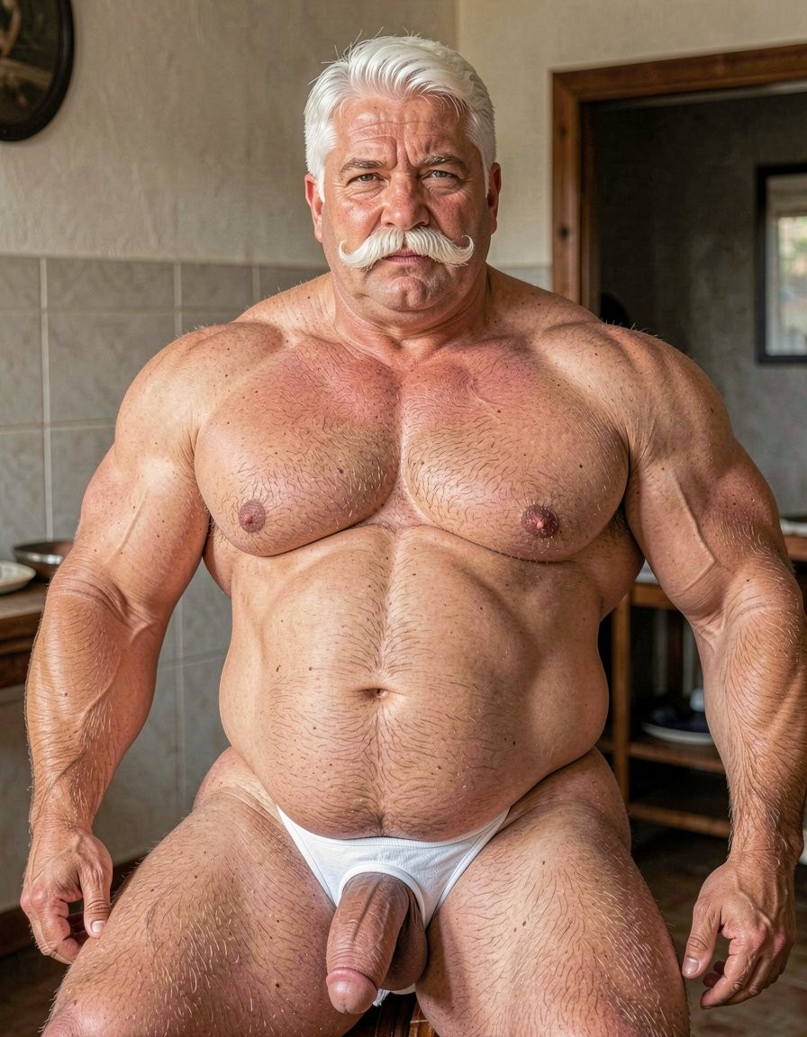 Un hombre de sesenta años, con una constitución fuerte y robusta, pesando alrededor de 140 kilos, presenta una barriga impresionante y prominente. Su rostro está adornado con un bigote estilo Dalí, grueso y bien definido, que le confiere un aire de distinción y elegancia. Viste slips blancos que marcan claramente la silueta de su pene, que aunque es pequeño, tiene un grosor notable. La ausencia de camiseta permite apreciar su torso peludo, con un vello abundante que cubre su pecho y abdomen, resaltando su masculinidad. La imagen debería ser hiperrealista, con detalles de alta calidad, capturando la textura de su piel, el brillo de su bigote y la suavidad de su vello corporal. La iluminación debería ser suave, con sombras que realcen la forma de su cuerpo y resalten su presencia imponente. 140 kilos de peso,pelo blanco