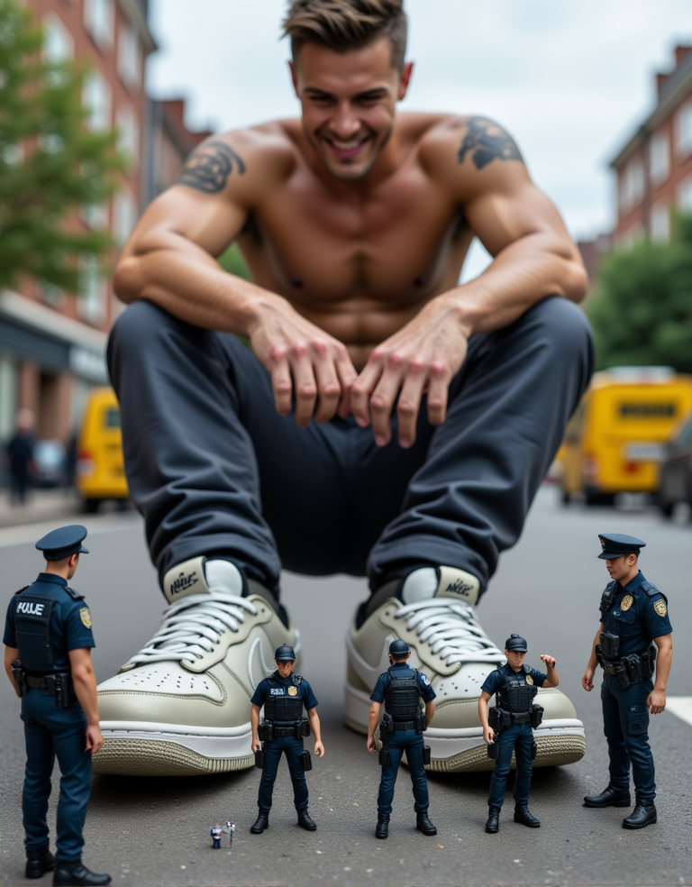 Hiper-realista render, detallado y preciso, un hombre gigante de 21 años, atractivo y musculoso, sin camiseta, con un físico impresionante y tatuajes, vestido con pantalones de chandal, sentado en la calle, mirando con curiosidad y diversión a 3 minúsculos policías que miden solo 1cm de altura, ubicados cerca de sus enormes zapatillas nike, los pequeños policías están en diferentes poses, algunos mirando hacia arriba hacia el gigante con admiración, otros inspeccionando las suelas de las zapatillas, con expresiones serias y profesionales, a pesar de su tamaño, el gigante scally lad tiene una sonrisa amigable y una actitud relajada, mientras disfruta del espectáculo de los minúsculos policías, la escena tiene un ambiente de fantasía y surrealismo, con un fondo de ciudad con edificios y coches a lo lejos, pero el enfoque está en el gigante y los minúsculos policías, con texturas y detalles realistas, iluminación suave y cálida, y un toque de humor y juego en la situación.