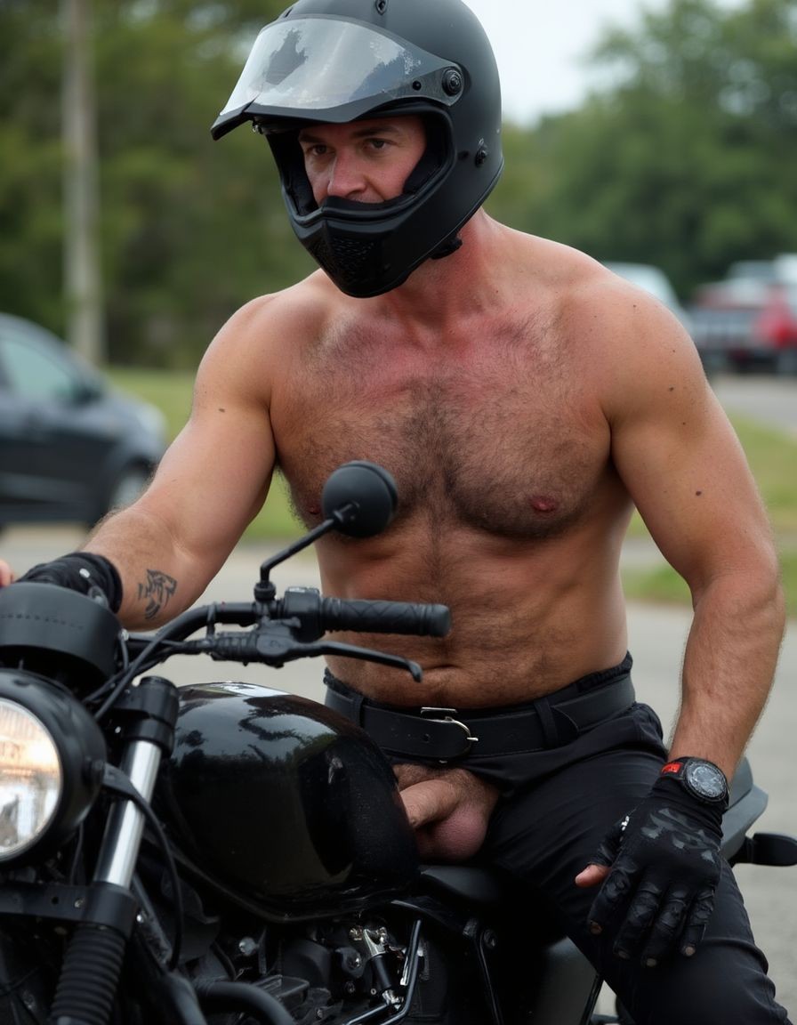 Un hombre de 50 años de edad deportista, cuerpo completo, piel bronceada, cuerpo musculoso, bíceps grandes y marcados, cuerpo sudoroso, mucho vello corporal, motociclista, con casco de motocicleta negro abierto por la cara, rostro varonil, guantes de motociclista negros, sin camisa mostrando un gran pecho con vello y mostrando abdominales marcados y velludos, tatuajes corporales, pantalones negros muy ajustados, cinturón negro, botas de motociclista negras, bragueta abierta, mostrando el pene a través de la bragueta, pene de piel clara, mostrando el pene a través de los pantalones, pene expuesto, pene erecto, fondo de motocicleta, flexionando poses sexys. Piernas arriba se ve el ojete peludo abierto.