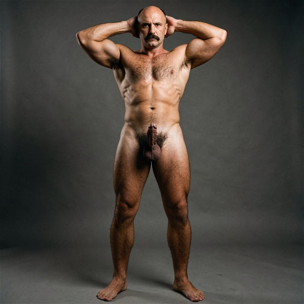 Mike Morris, 32 años, 8% de grasa corporal, se encuentra de pie completamente desnudo en un plano frontal de cuerpo entero, desde la punta de sus pies hasta la coronilla, sin ningún corte. Está en posición relajada pero firme, con los brazos colgando naturalmente a los lados del cuerpo, las palmas hacia dentro, y mira directamente al frente con esa expresión seria e intensa que le define.

Su físico es extremadamente seco y estético old-school: pectorales cuadrados y masivos con separación central profunda, abdominales perfectamente marcados en ocho bloques, oblicuos muy visibles, hombros anchos y redondeados, brazos venosos, cintura estrecha y piernas poderosas con cuádriceps y gemelos hiperdefinidos. La piel bronceada en tono dorado-marrón medio contrasta brutalmente con el vello corporal castaño oscuro muy denso que cubre su pecho en forma de “T” gruesa, baja por el abdomen hasta casi el ombligo y se expande en un pubis extremadamente poblado, rizado y oscuro que rodea por completo sus genitales.

Su cara muestra calvicie Norwood III-IV avanzada: frente amplia y despejada, pelo muy corto y oscuro solo en laterales y nuca, bigote handlebar grueso y bien definido de color castaño oscuro, ojos marrón oscuro hundidos con mirada penetrante, mandíbula cuadrada y barbilla con hoyuelo.

El pene cuelga pesado en estado flácido, unos 14 cm, con piel más clara que el resto del cuerpo, venas marcadas y un prepucio largo que cubre casi totalmente el glande. Los testículos son grandes, colgantes y están envueltos en vello púbico denso. Los pies muestran vello oscuro en el empeine y en los dedos, y las manos son venosas y fuertes.

La iluminación es dramática de estudio al estilo Colt Studio de finales de los 70: luz principal alta y ligeramente lateral que resalta cada músculo, cada vena y cada mechón de vello, creando sombras profundas y un contraste alto con grano sutil de película analógica. Atmósfera masculina, cruda y erótica propia de la época.

¿Quieres que lo genere en alguna postura específica (brazos cruzados, manos en la nuca, semierecto, etc.) o prefieres alguna variación más explícita?