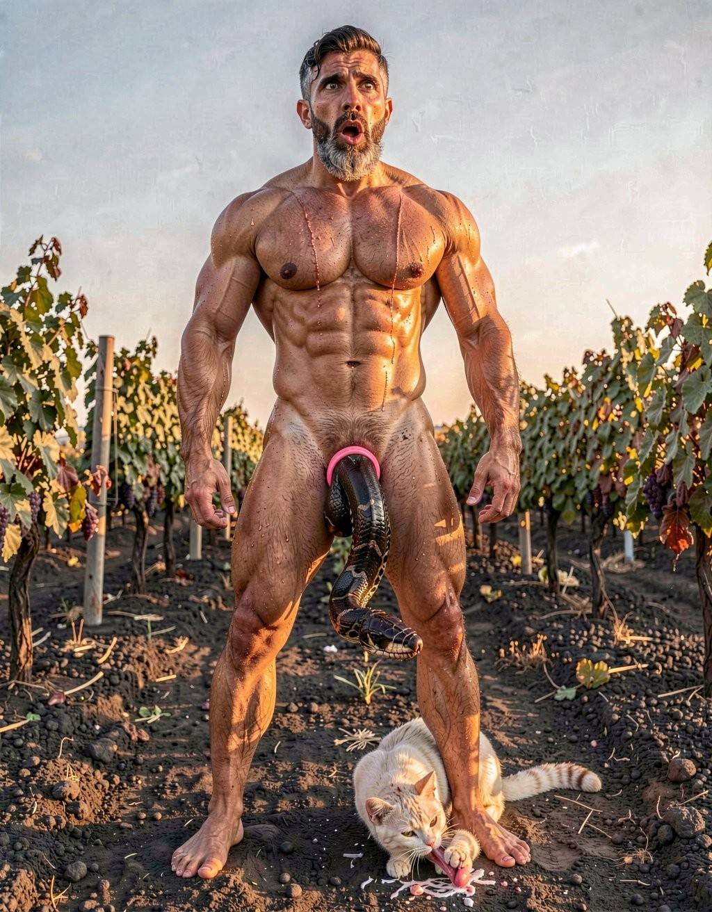 A raw, extremely photorealistic full-body vertical photograph taken on location with Canon EOS R5, 85mm f/1.4 lens at f/2, natural golden-hour Mediterranean sunlight hitting the scene in an Assyrtiko vineyard on Santorini. Dimitris, 35-year-old powerfully built Greek man with completely authentic mature muscle, real skin imperfections, visible pores and natural body hair, stands totally naked with his bare feet planted wide on dark volcanic soil. Shot from a low three-quarter rear angle that perfectly frames his massive muscular back, thick rounded shoulders, narrow waist and round, densely hairy glutes. His head is turned over his left shoulder, thick black beard with natural silver strands visible in profile, mouth slack and genuinely open in shock, eyes wide and unfocused as he stares straight up at the sky with a raw, unfiltered expression of surprise, discomfort and intense bodily sensation. A large, completely realistic python with glossy black scales and subtle emerald reflections has forced its broad head and a thick muscular section of its body deep into his hairy anus. The sphincter is stretched to its absolute physical limit around the snake’s thick torso, pink inner rim visibly gripping with authentic redness, natural swelling, visible tension, every tiny wrinkle, dark anal hair and involuntary muscular spasm captured with clinical, documentary clarity. Thick beads of real sweat trickle down his crack, mixing with natural lubrication as the snake slowly and powerfully pushes further inside with visible contractions. At his feet, a real white domestic cat with slightly dirty soft fur sits calmly on the volcanic earth and licks the toes and sole of Dimitris’ right foot with slow, wet, deliberate strokes of its small pink tongue, leaving visible saliva trails on the skin and between the toes. True sunlight creates authentic specular highlights on wet skin, glossy scales, the stretched anal tissue, individual body hairs, sweat droplets and the cat’s fur, with deep natural shadows and shallow depth of field that keeps razor-sharp focus on the penetration, the stretched hole and the cat’s tongue while softly blurring the distant vines. Obsessive photographic realism: visible skin pores, real skin texture and imperfections, individual hairs, natural muscle striations, realistic scale patterns, authentic physical reaction of the stretched anus, wet saliva, dust particles on the cat’s paws and fur, pure unembellished documentary precision as if taken by a professional photographer standing right there on location, zero artistic stylization whatsoever.