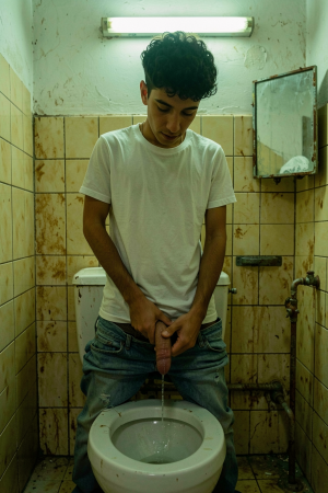 A young man with curly hair and a white t-shirt appears standing in a narrow and deteriorated bathroom, with his jeans down to his thighs while he urinates standing into a white toilet; he holds his penis with both hands and looks down with a serious and concentrated expression. The environment has yellowed stained tiles, worn walls, visible pipes, a small rusty mirror, and a fluorescent light overhead that gives a greenish and raw tone to the scene. The dirty floor and surfaces reinforce an intimate, neglected, and realistic atmosphere of a public or old bathroom.