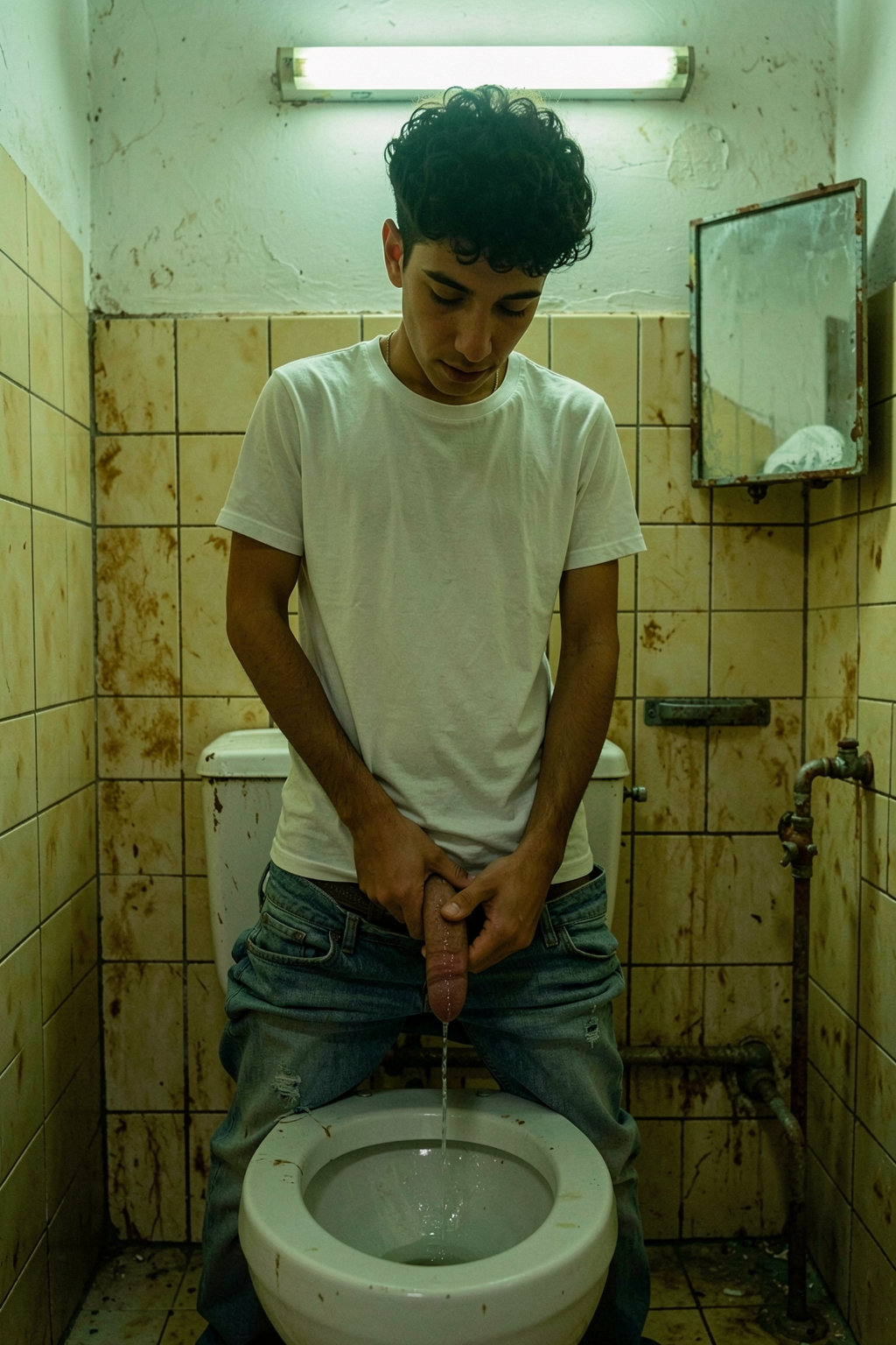 Un joven de pelo rizado y camiseta blanca aparece de pie en un baño estrecho y deteriorado, con los vaqueros bajados hasta los muslos mientras orina de pie en un inodoro blanco; sostiene el pene con ambas manos y mira hacia abajo con expresión seria y concentrada. El entorno tiene azulejos amarillentos manchados, paredes desgastadas, tuberías visibles, un espejo pequeño oxidado y una luz fluorescente sobre la cabeza que aporta un tono verdoso y crudo a la escena. El suelo y las superficies sucias refuerzan una atmósfera íntima, descuidada y realista de baño público o antiguo.