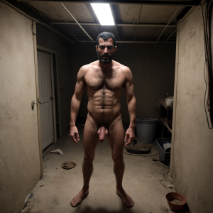 Un sótano sucio, con un hombre árabe de 40 años muy delgado y desnutrido,  con barba y la cara llena de semen, muy delgado y con el cuerpo con muchas venas marcadas , con  mucho vello corporal y completamente desnudo, tiene la polla dura y exageradamente gruesa.  El hombre está de pie y frontal  y está meando, tiene la expresión de muy enfadado