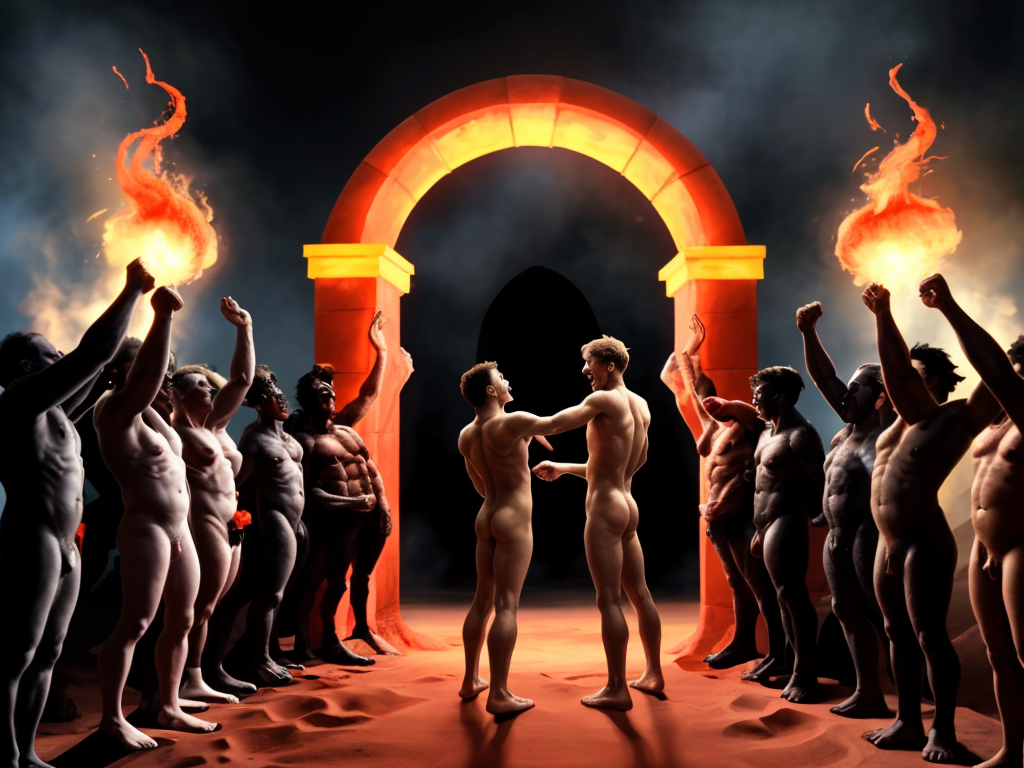 (((varios hombres))) desnudos hacen fila a la puerta del infierno, están totalmetne desnudos, detrás de un gran arco del fuego los espera el diablo. Son viciosos y están felices, gitan de júbilo mientras una pareja es convocada al interior