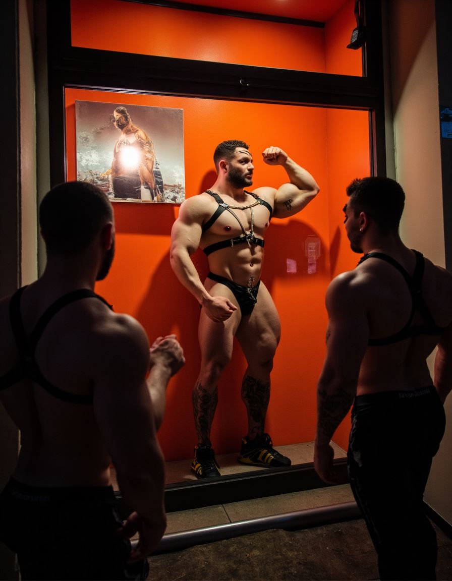 en un escaparate con luz naranja tres hombres muy musculosos vestidos con suspensorio y arnés se exhiben con erotismo a la espera clientela, los clientes miran desde fuera desde la calle con cara de vivcio