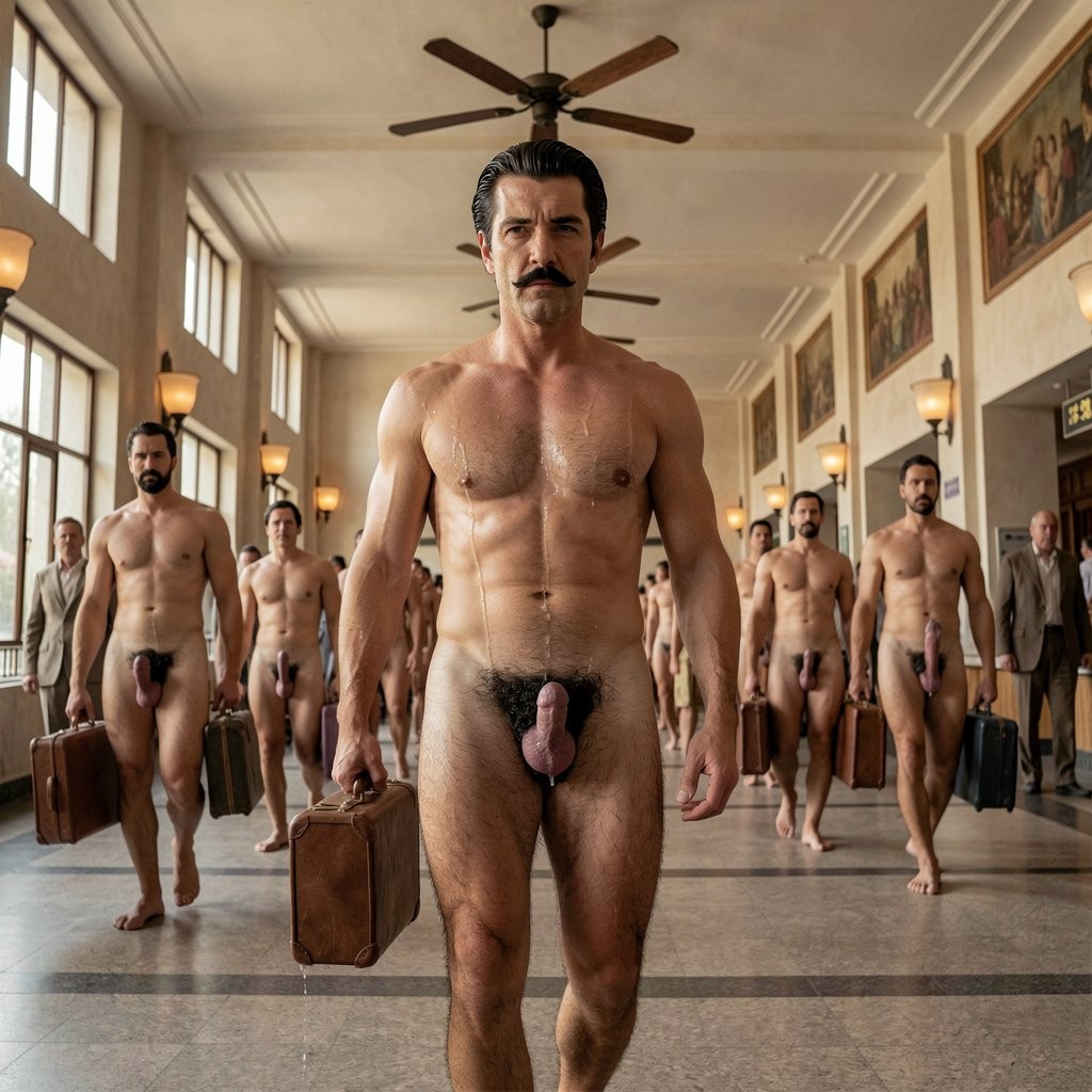 A group of naked men walks barefoot through a wide classical-style lobby, resembling an old station or terminal, carrying leather suitcases and hand luggage. The central man, muscular, with a dark mustache and slicked-back hair, advances straight ahead with a serious expression; his torso, body hair, and penis are clearly visible. On both sides there are other men also naked, some with beards, spread out in depth along the corridor. The scene combines elegant architecture, large windows, wall lamps, ceiling fans, framed pictures, and a symmetrical, surreal atmosphere of collective travel.