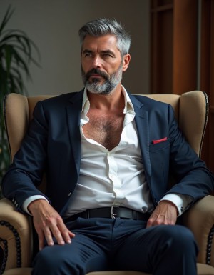 47 años, directivo de ventas. Pelo entrecano, barba bien recortada, 1.90 metros de puro macho trajeado. La camisa está abierta en el el pecho y se ve el pecho peludo y abultado. El traje marca su cuerpo fuerte pero con barriga. Está sentado en un sillón y mira hacia el frente con deseo. 