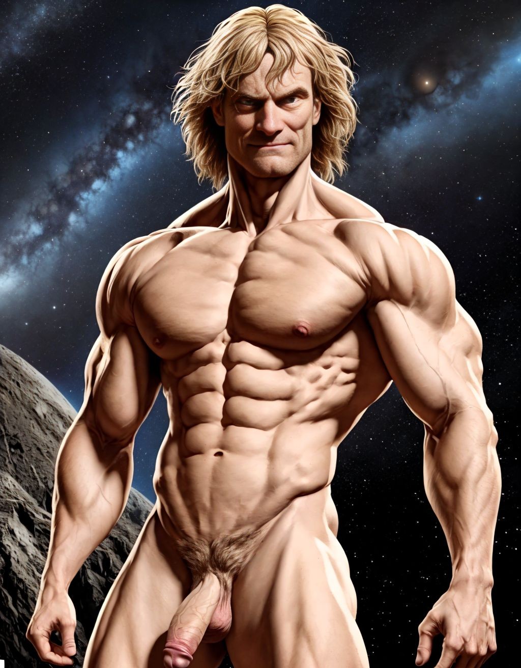 Isaac Newton desnudo. Está de pie. Está totalmente desnudo musculoso. Se ve todo su cuerpo entero. Se ve su cuerpo completo.  ((Tiene pene grande erecto)). ((Tiene los testículos grandes)). Tiene mucho vello en el cuerpo. Foto muy realista texturas 8k. Está rodeado de astronomía filosofía física y las matemáticas.