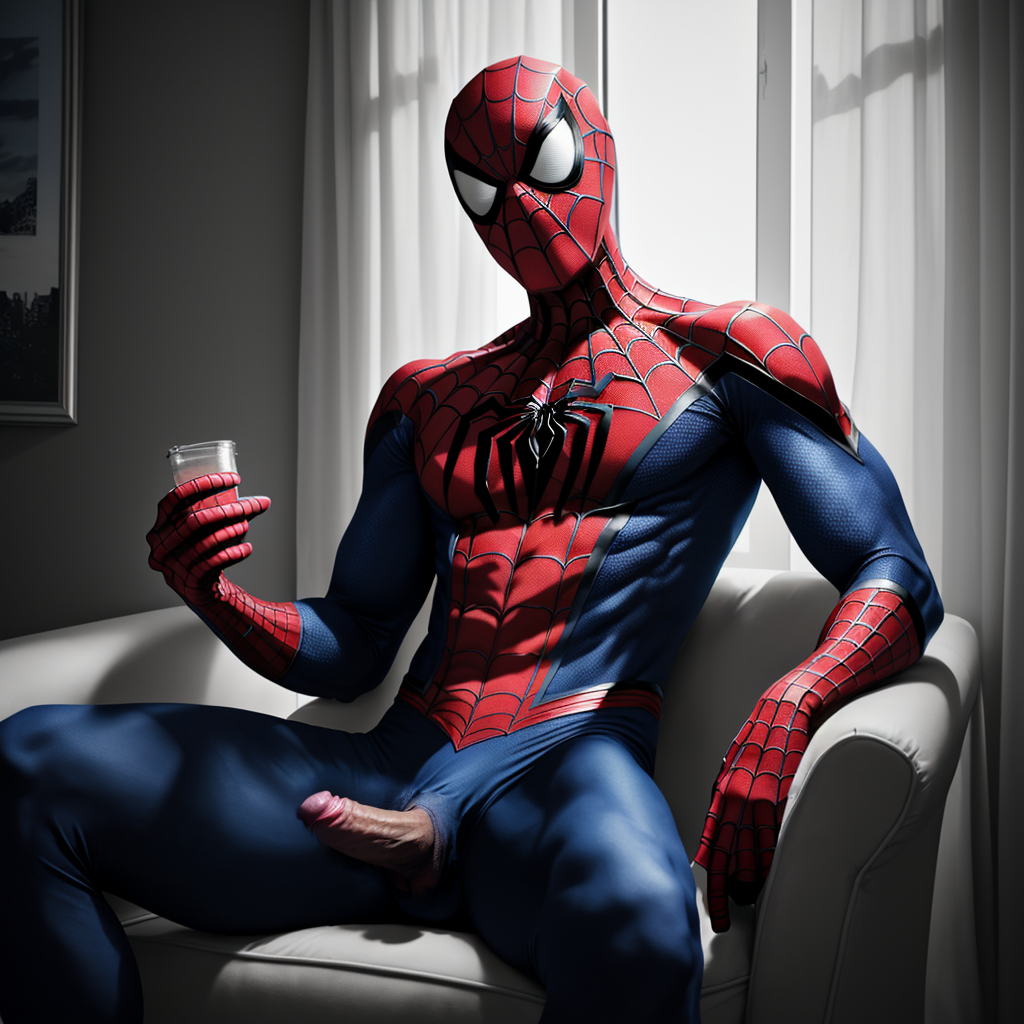 Un hombre disfrazado de Spider-Man aparece sentado en un sillón blanco junto a una ventana con cortinas claras, iluminado por una luz suave que resalta el traje rojo y azul con estampado de telarañas, el emblema de araña en el pecho y la máscara de grandes ojos blancos. Está recostado de forma relajada, con una mano apoyada en el reposabrazos y la otra sujetando un vaso pequeño con líquido oscuro, mientras la postura abierta deja el pene expuesto sobre el traje ajustado. El ambiente interior es sobrio y doméstico, con sombras marcadas, tonos grises y una composición que mezcla estética de superhéroe, cosplay y desnudez explícita.